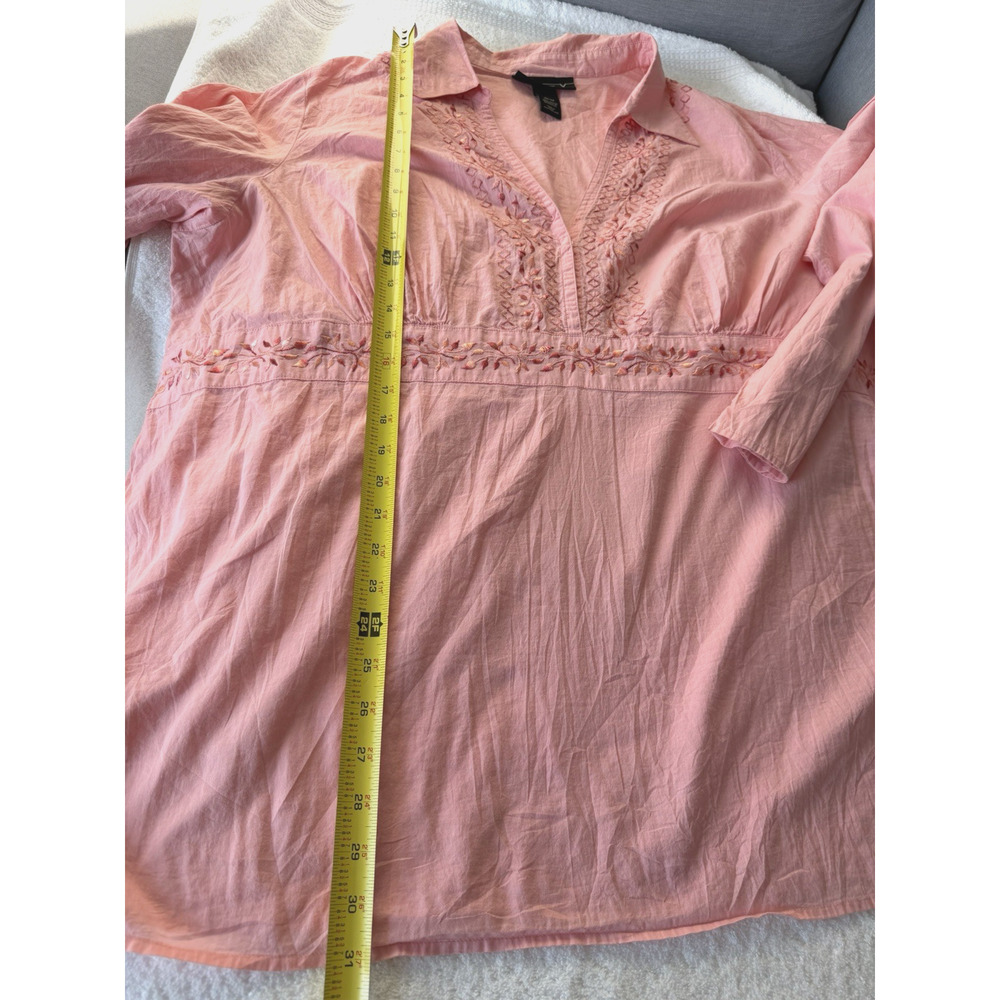 Coral Pink V neck Embroidered Chic lagenlook cotton top tunic Cotton size-26 - Picture 6 of 9